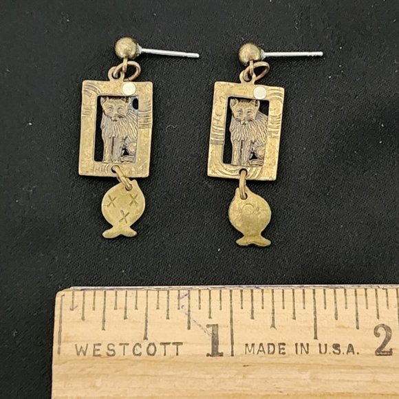 Vintage Brass/mixed metal Cat Pierced Earrings - Picture 2 of 4